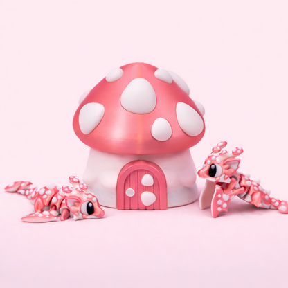 Pink and white mushroom-shaped house with two pink Mushroom Dragons on a light pink background